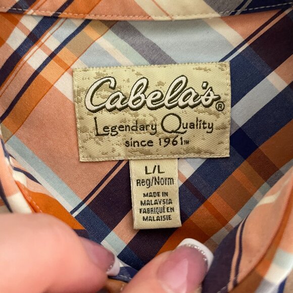 Men's Large Cabela's Orange & Blue Plaid Short Sleeve Button Down Shirt - Picture 2 of 6